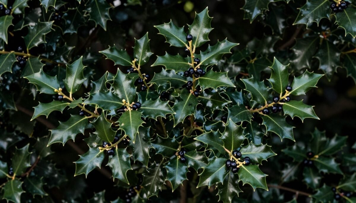 Mature inkberry holly shrub thriving in deep shade under trees