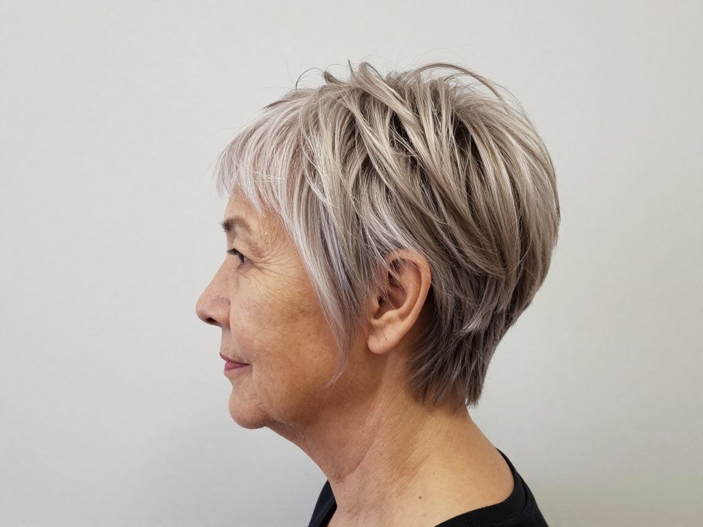 Mature woman with angled pixie cut creating forward-directed volume
