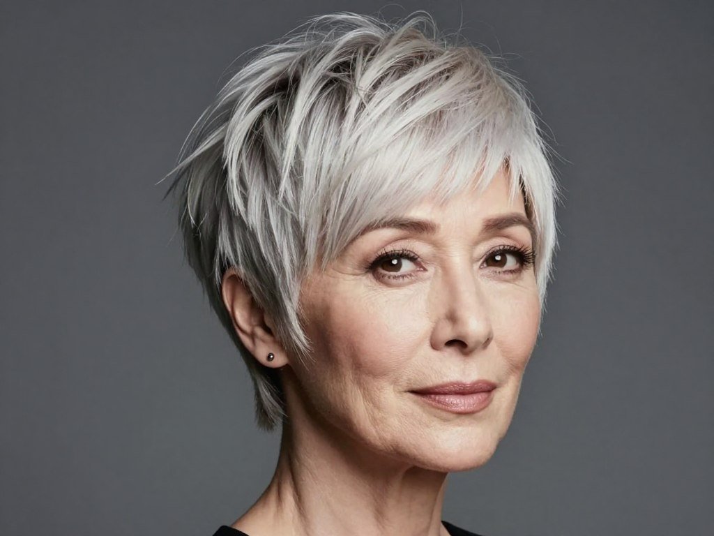 Mature woman with asymmetrical pixie haircut showing longer side and textured styling