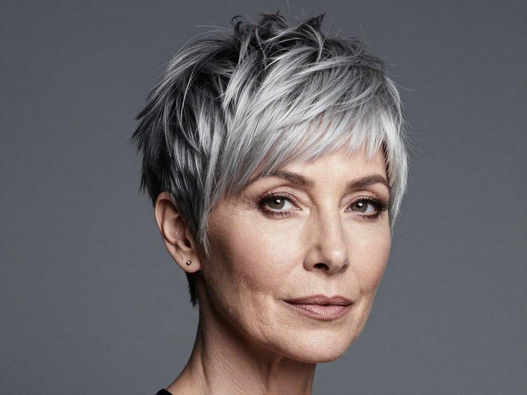 Mature woman with choppy pixie haircut featuring side-swept bangs