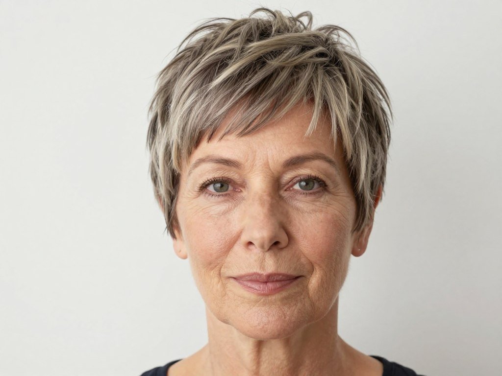 Mature woman with diamond face shape wearing flattering pixie cut
