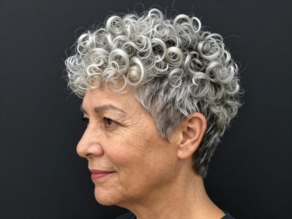 Mature woman with natural curls in textured pixie haircut