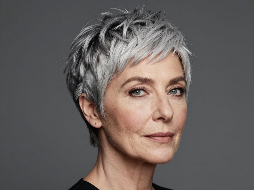 Mature woman with natural gray pixie haircut