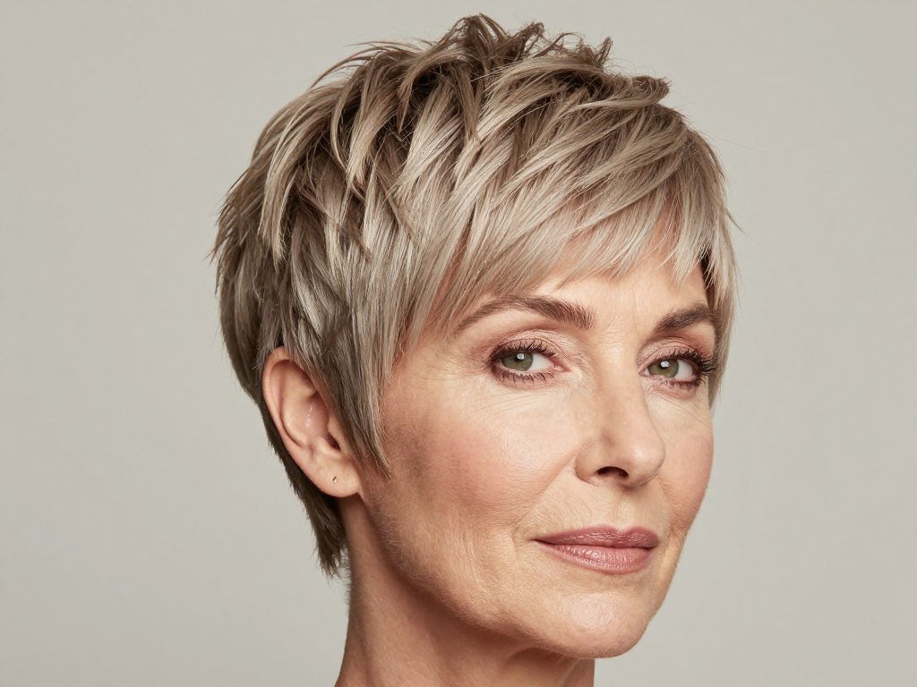 Mature woman with piece-y pixie haircut showing defined textured ends