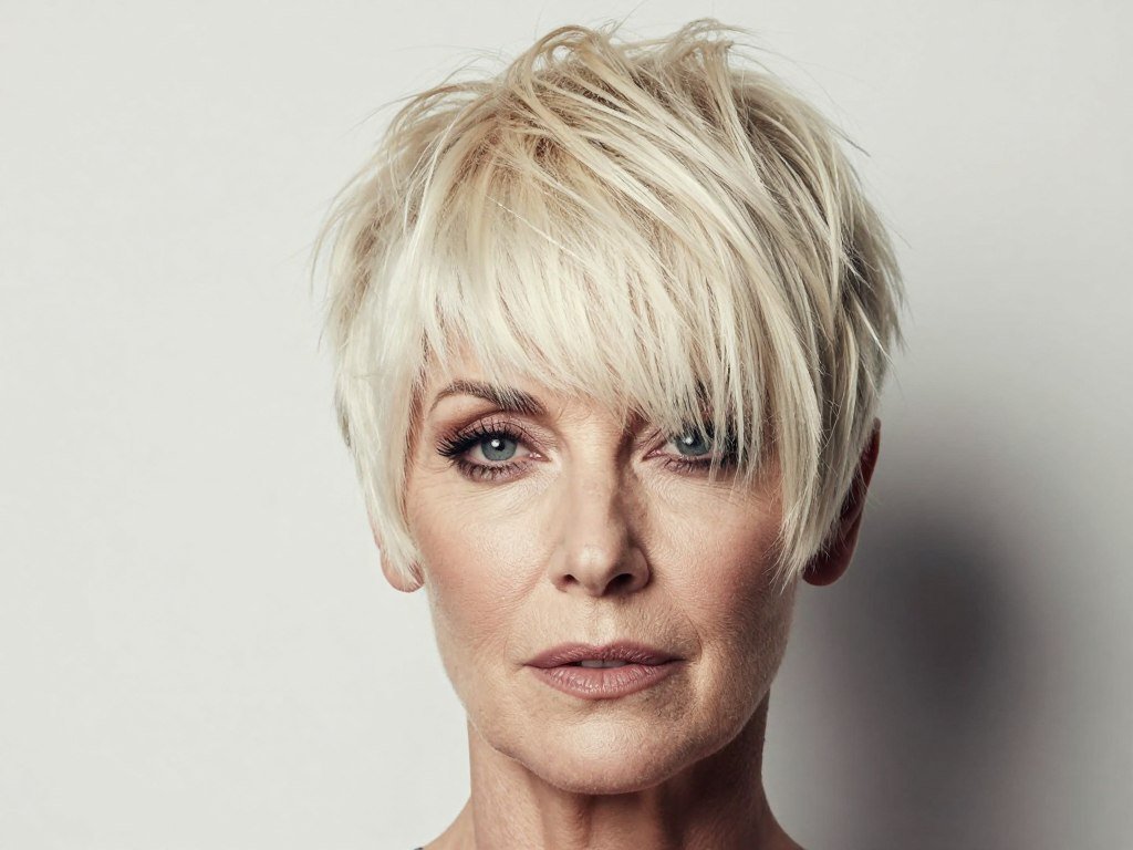 Mature woman with pixie cut featuring long sweeping fringe