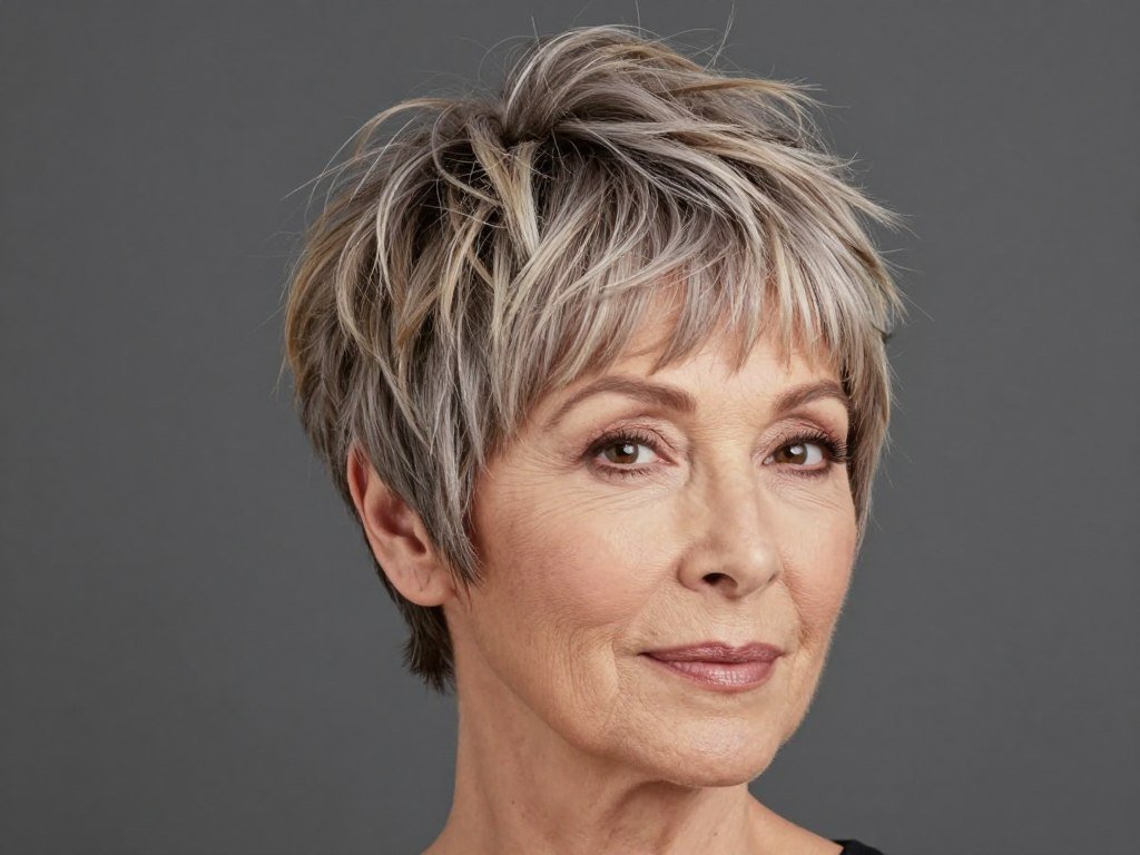 Mature woman with pixie cut featuring longer layers on top