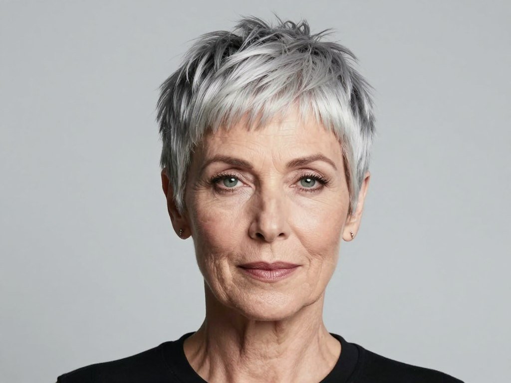 Mature woman with pixie cut featuring micro bangs