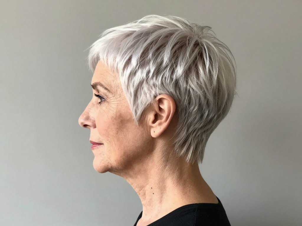 Mature woman with pixie cut showing curved side profile