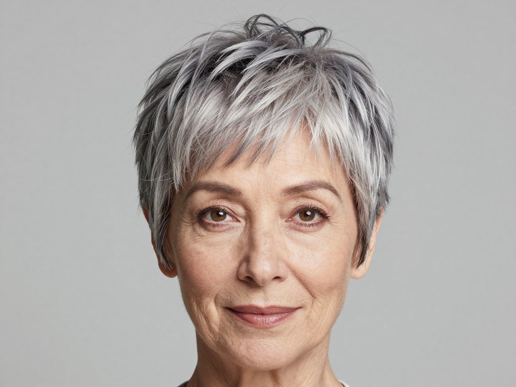 Mature woman with pixie featuring forward-swept crown for volume