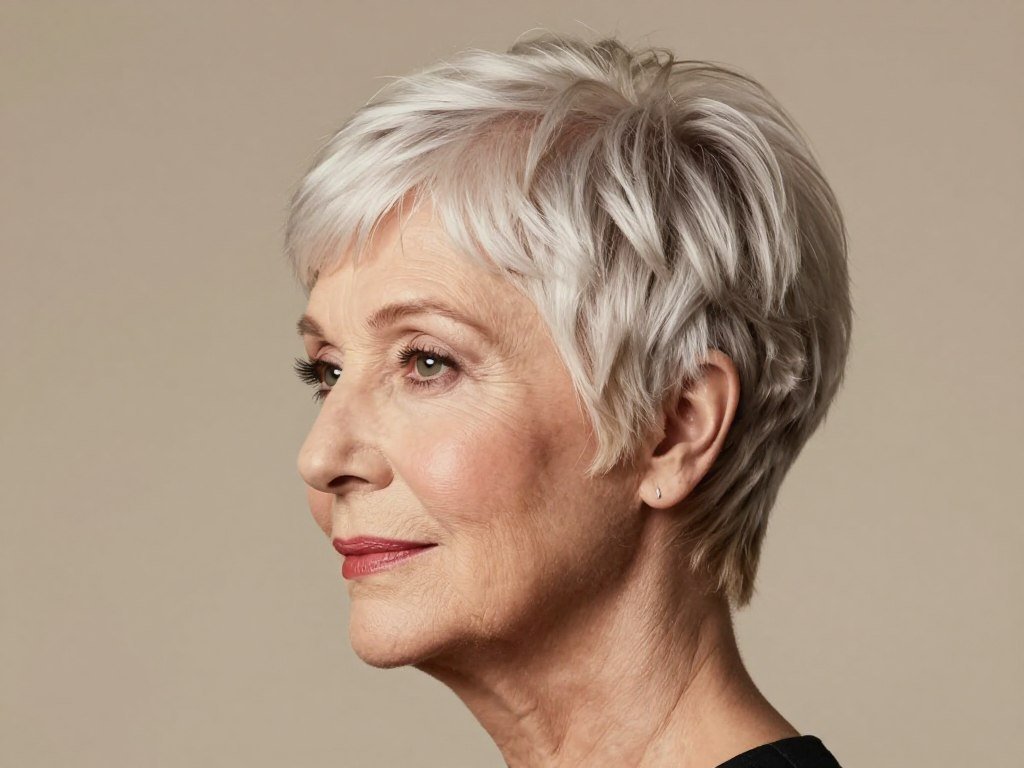 Mature woman with rounded pixie cut showing curved feminine shape