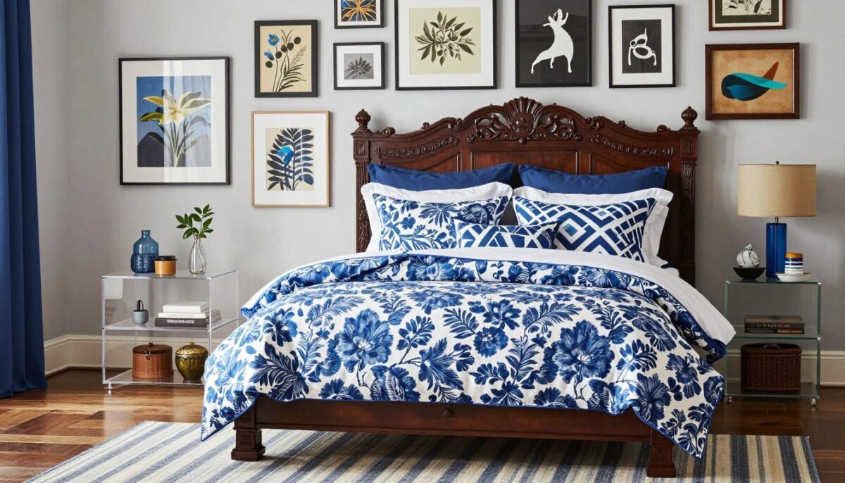 Maximalist bedroom with multiple blue and brown patterns Maximalist bedroom with multiple blue and brown patterns