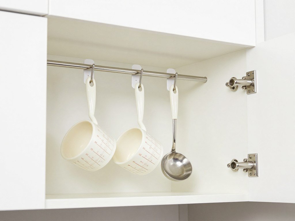 Measuring cups hanging from command hooks inside cabinet door