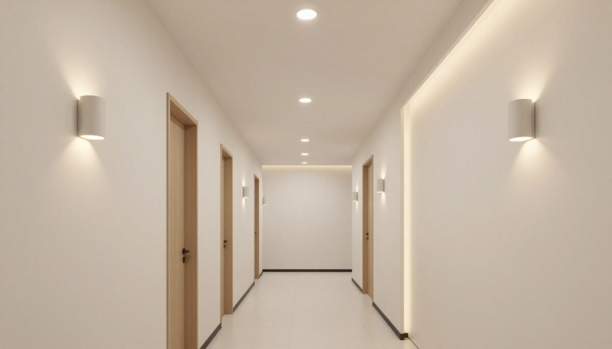 Medical clinic interior showcasing layered lighting design with ambient and accent lighting