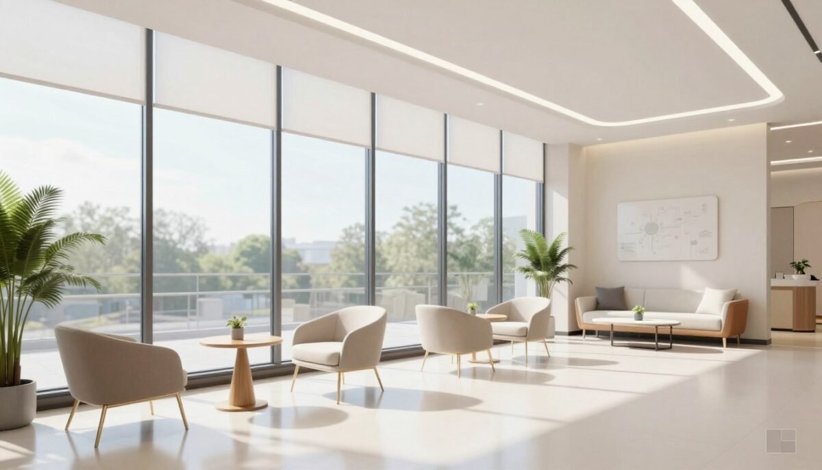 Medical clinic interior with floor-to-ceiling windows providing natural light to waiting area