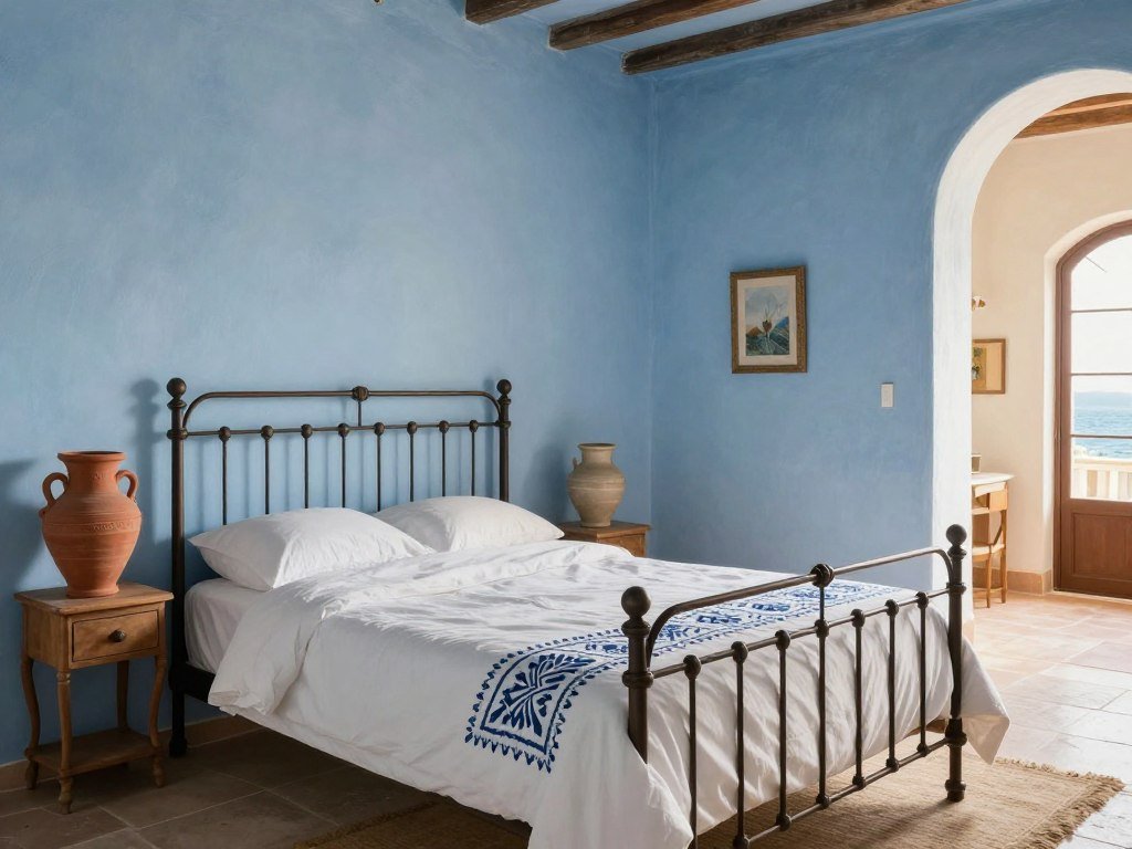 Mediterranean bedroom with azure walls and terracotta accents