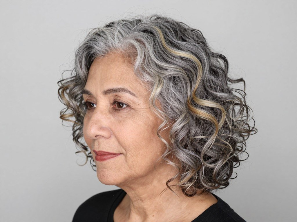 Medium curly gray hair with blonde highlights
