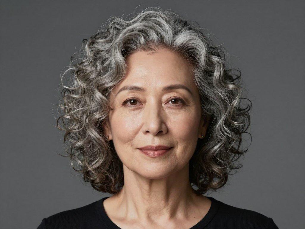 Medium curly hair with center part