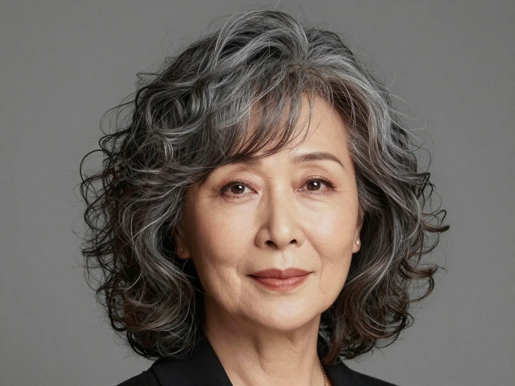 Medium curly hair with side-swept curly bangs