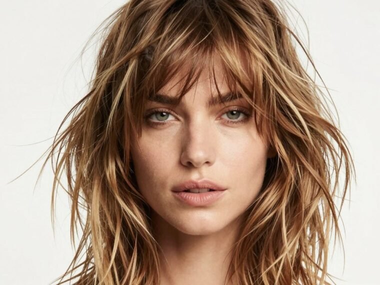 Medium-length shag haircut with wispy layers and curtain bangs
