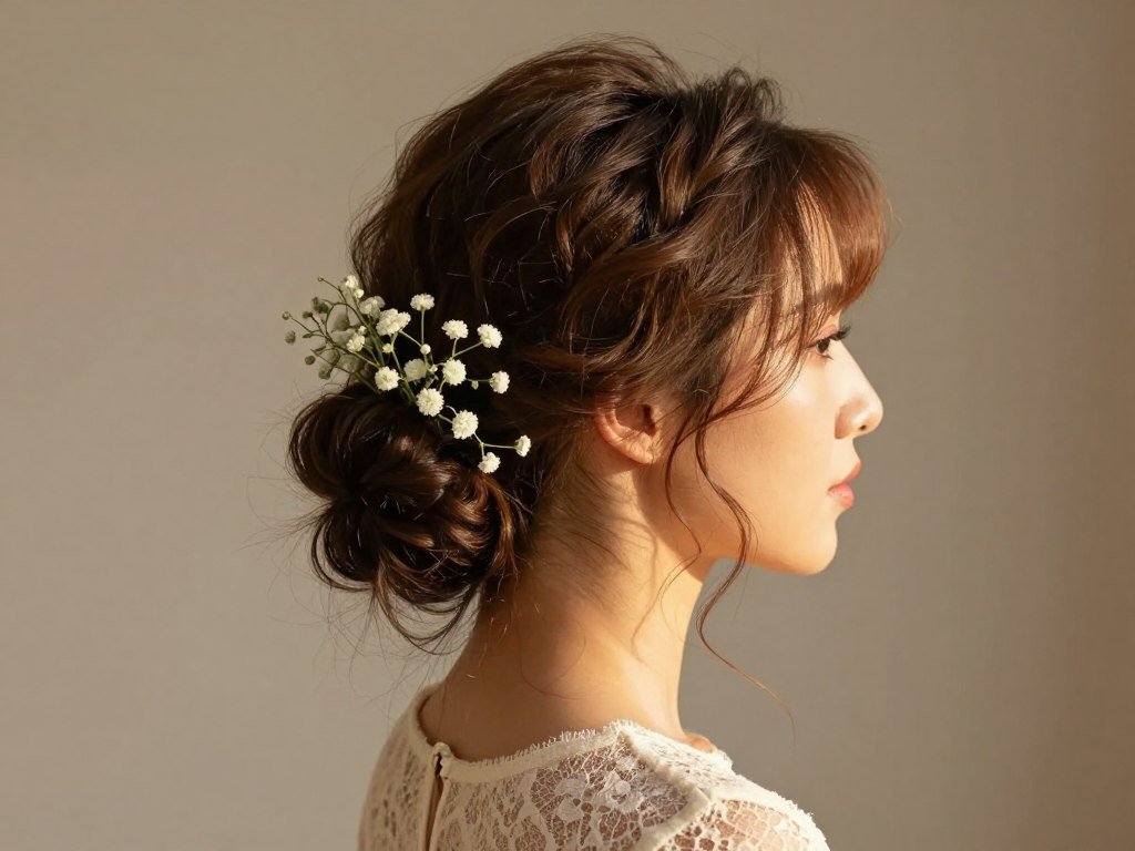 Messy side bun prom hairstyle with loose tendrils