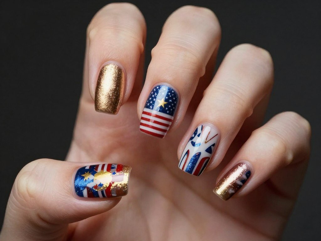 Metallic foil transfer gel nail designs with patriotic patterns for July celebration
