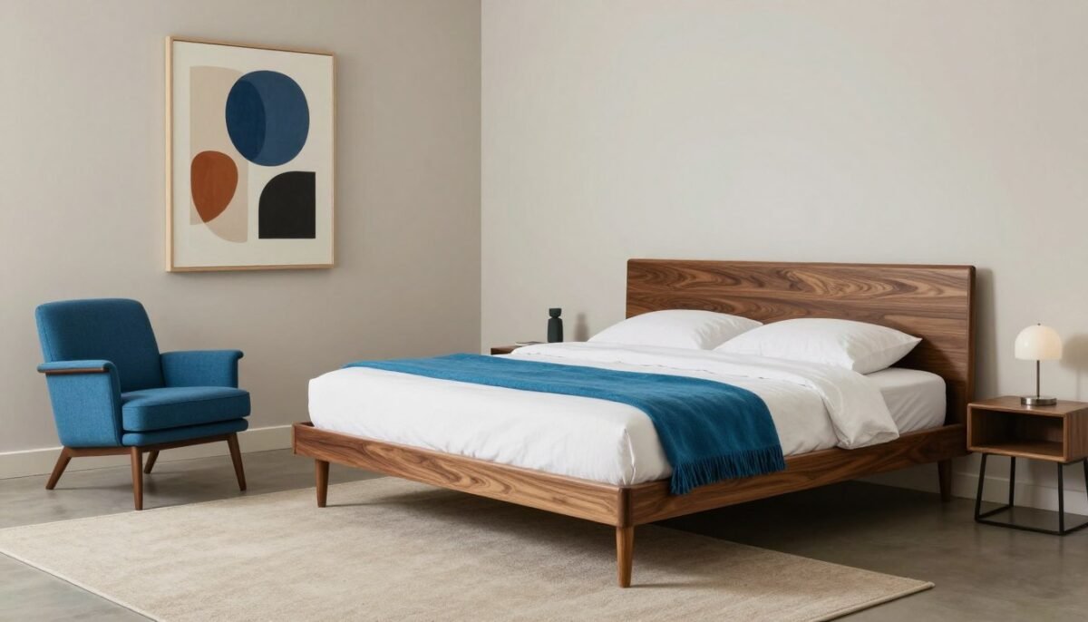 Mid-century modern bedroom with peacock blue accents and walnut furniture Mid-century modern bedroom with peacock blue accents and walnut furniture
