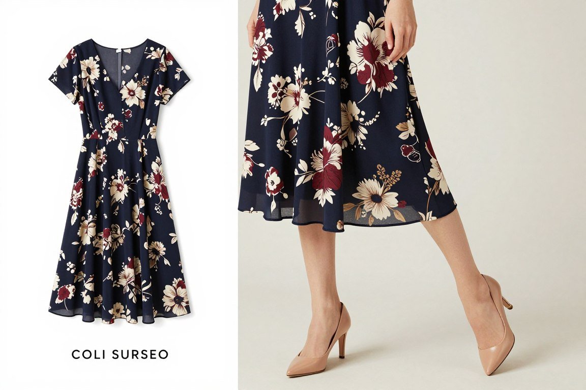 Midi dress with classic floral print and elegant draping