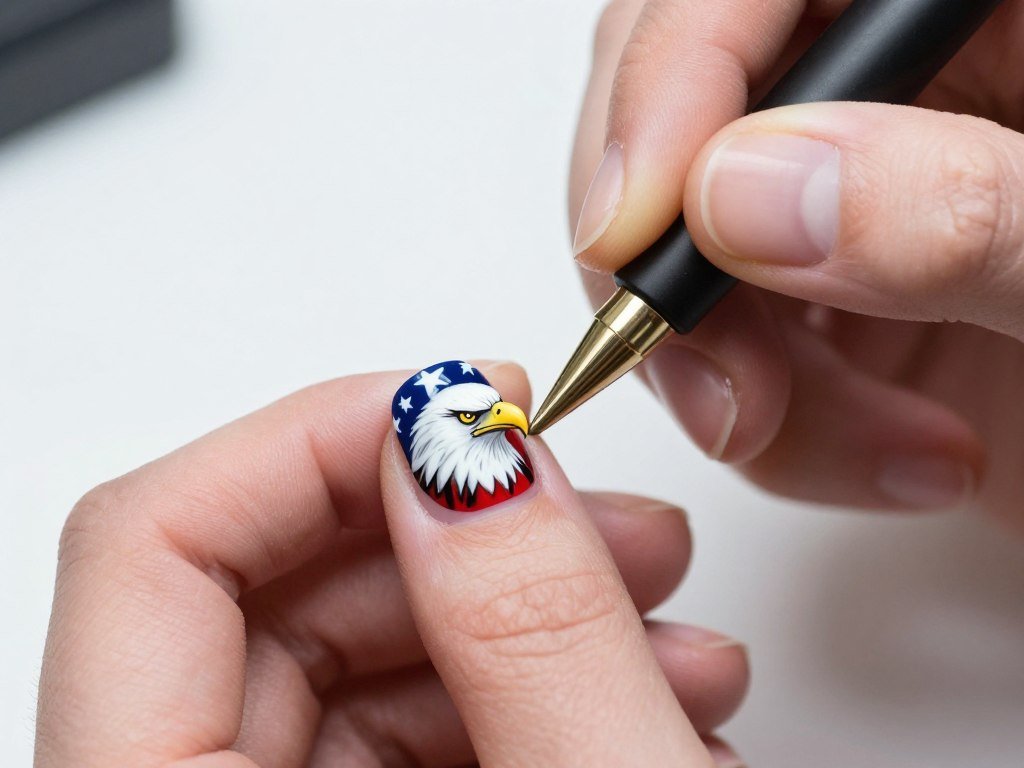 Miniature eagle portrait painted on nail as patriotic nail art