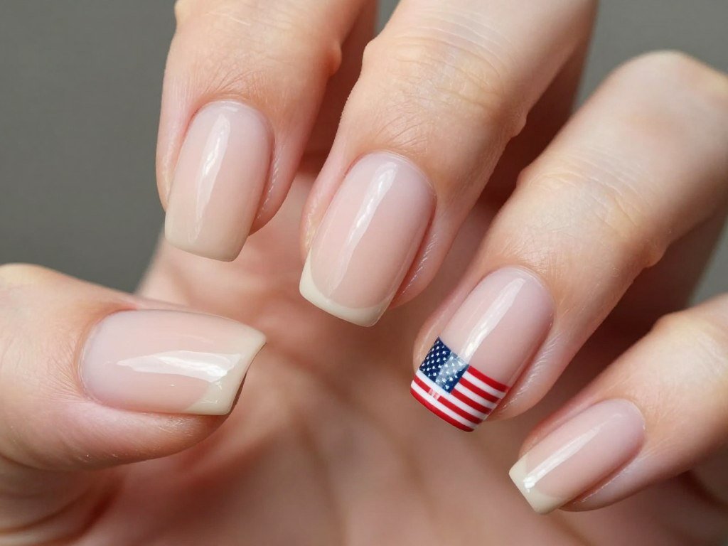 Minimalist 4th of July nails with nude base and small American flag accent design