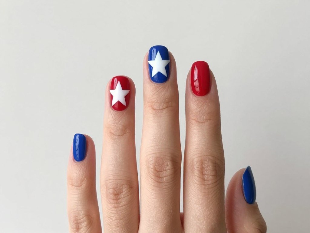 Minimalist Independence Day nail art with single large white star on colored background