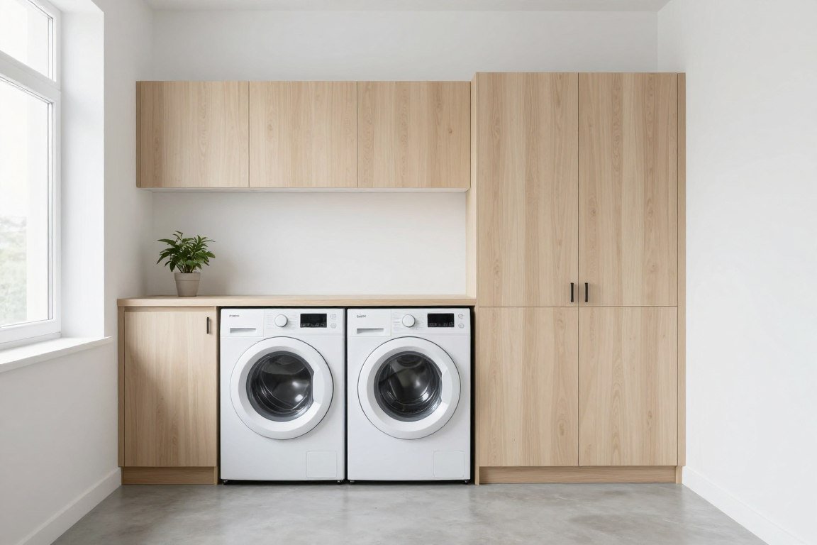 Minimalist Scandinavian laundry room with light wood and white colors