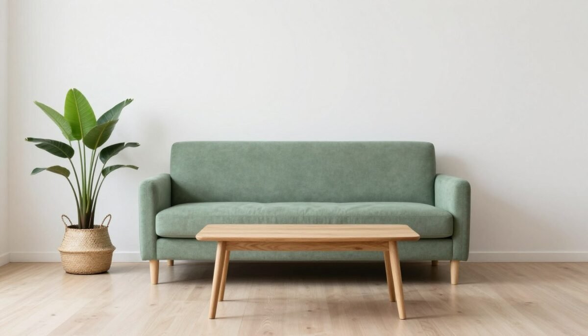Minimalist Scandinavian living room in sage green and beige