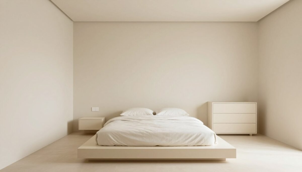 Minimalist all-cream bedroom with streamlined furniture