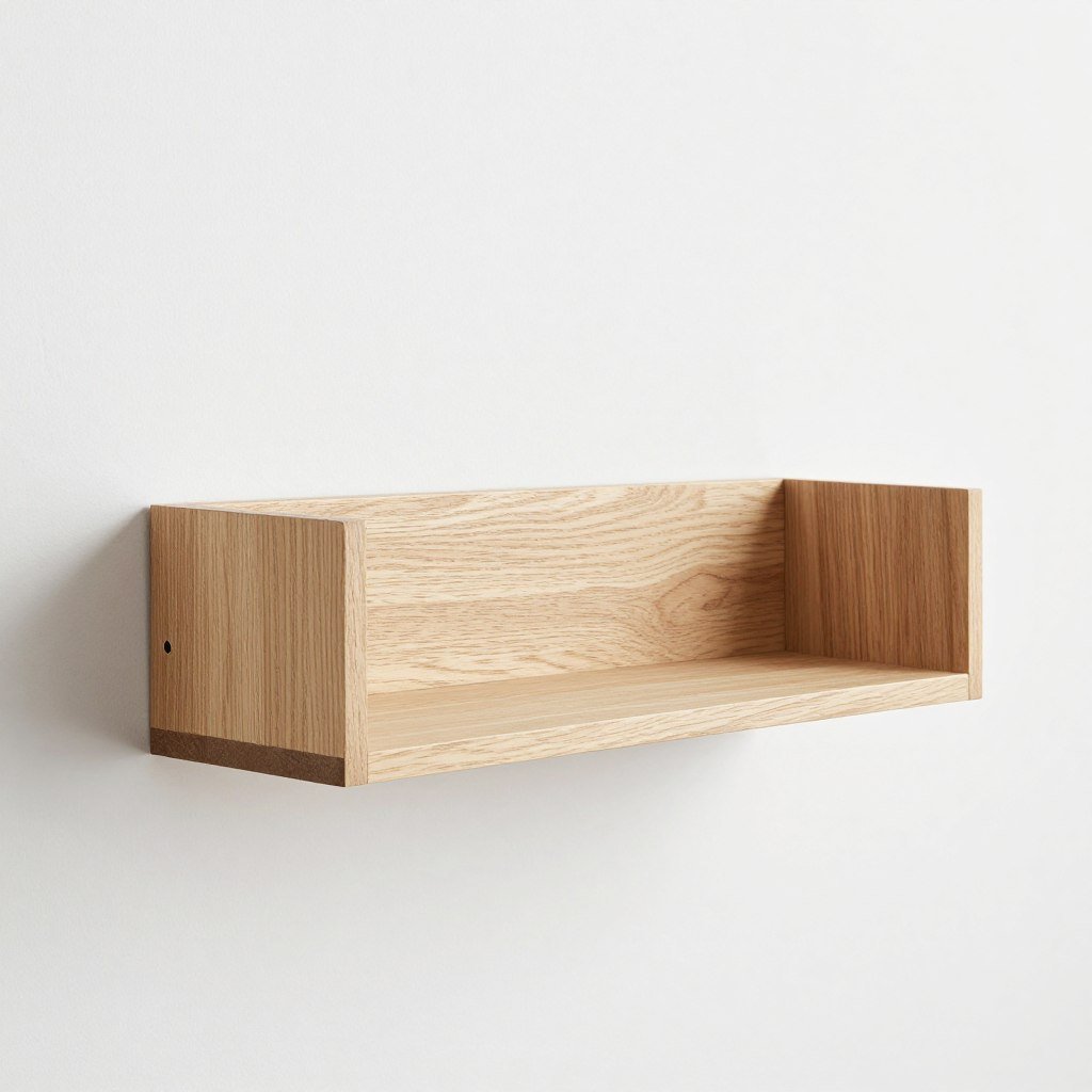 Minimalist floating cat wall shelf in light oak wood against white wall