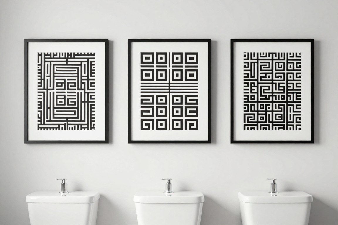 Minimalist geometric prints set in bathroom