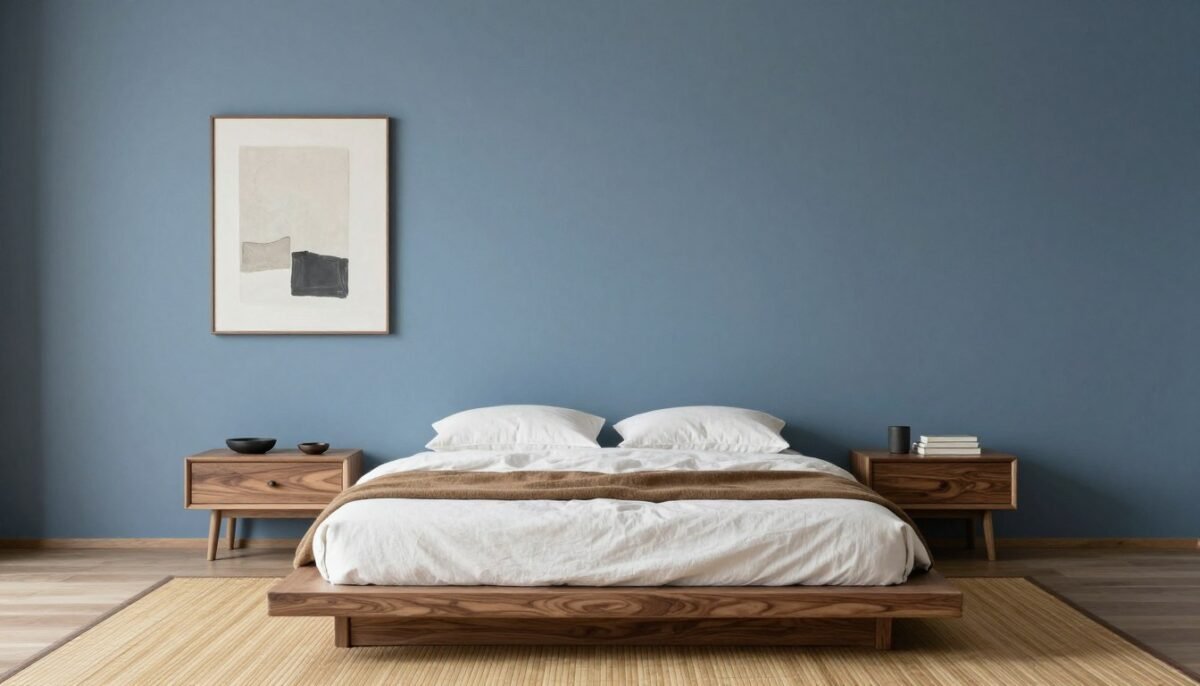 Minimalist zen bedroom with slate blue walls and platform bed Minimalist zen bedroom with slate blue walls and platform bed
