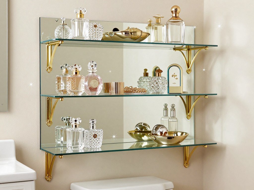 Mirrored shelves above toilet with glamorous Hollywood Regency style