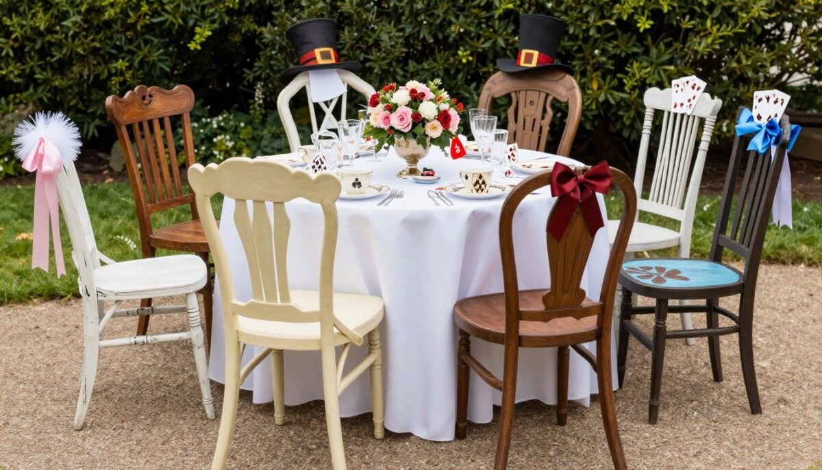 Mismatched decorated chairs arranged for mad hatter tea party