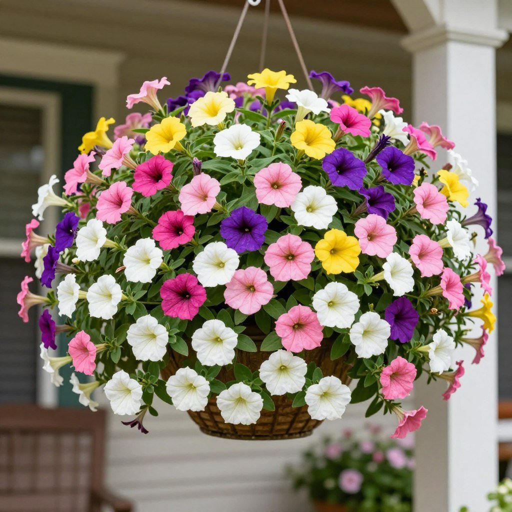 Mixed calibrachoa hanging basket with multiple colors creating dense flower coverage