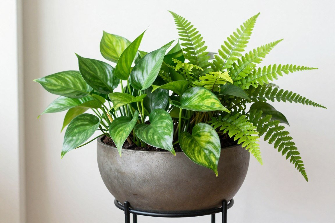 Mixed container with pothos and complementary tropical houseplants
