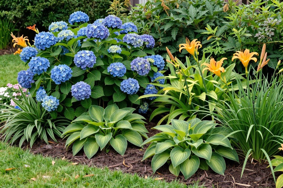 Mixed garden border featuring hydrangeas with perennials and shrubs