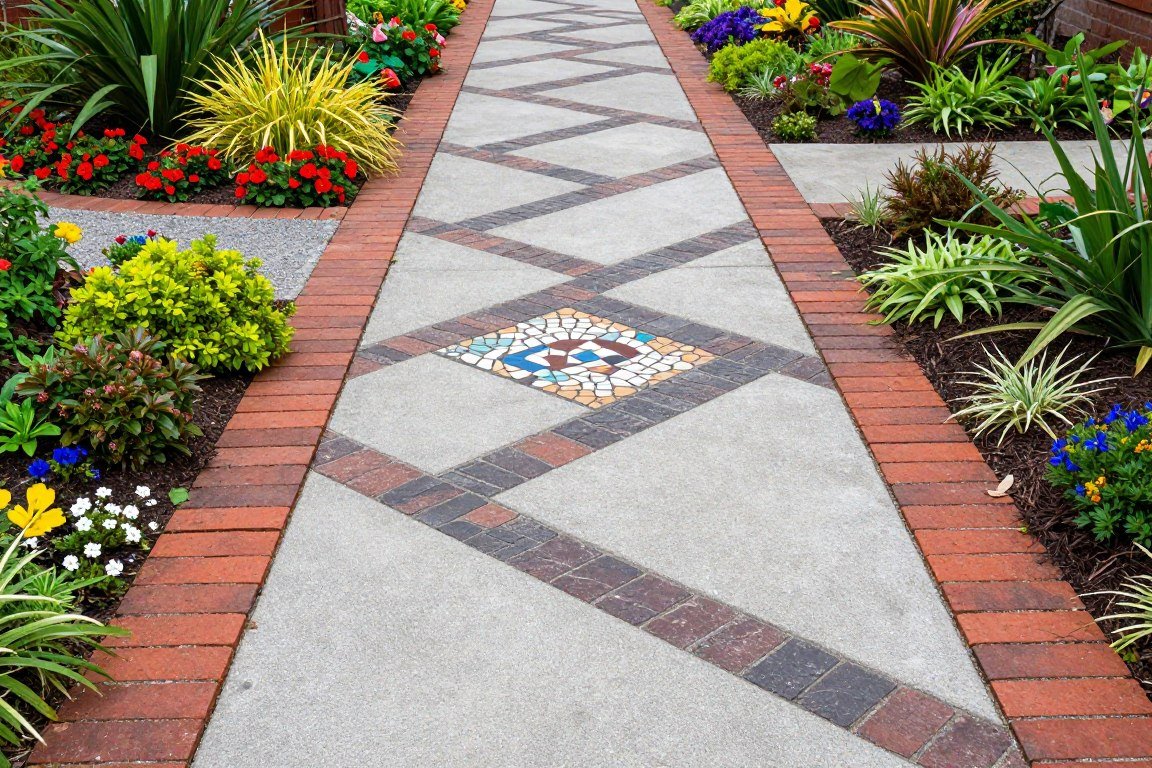 Mixed material walkway combining brick and concrete pavers
