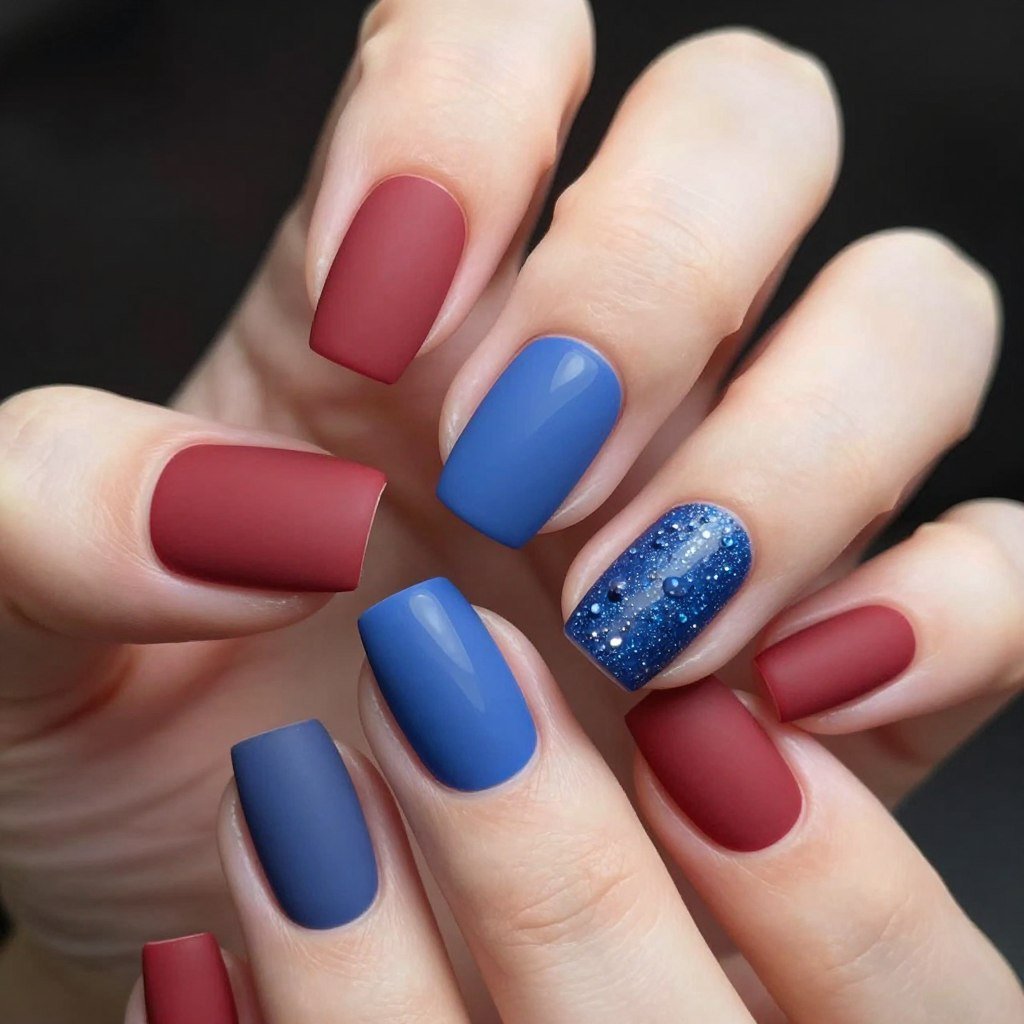 Mixed matte and glossy finish nails in patriotic colors showing texture variation