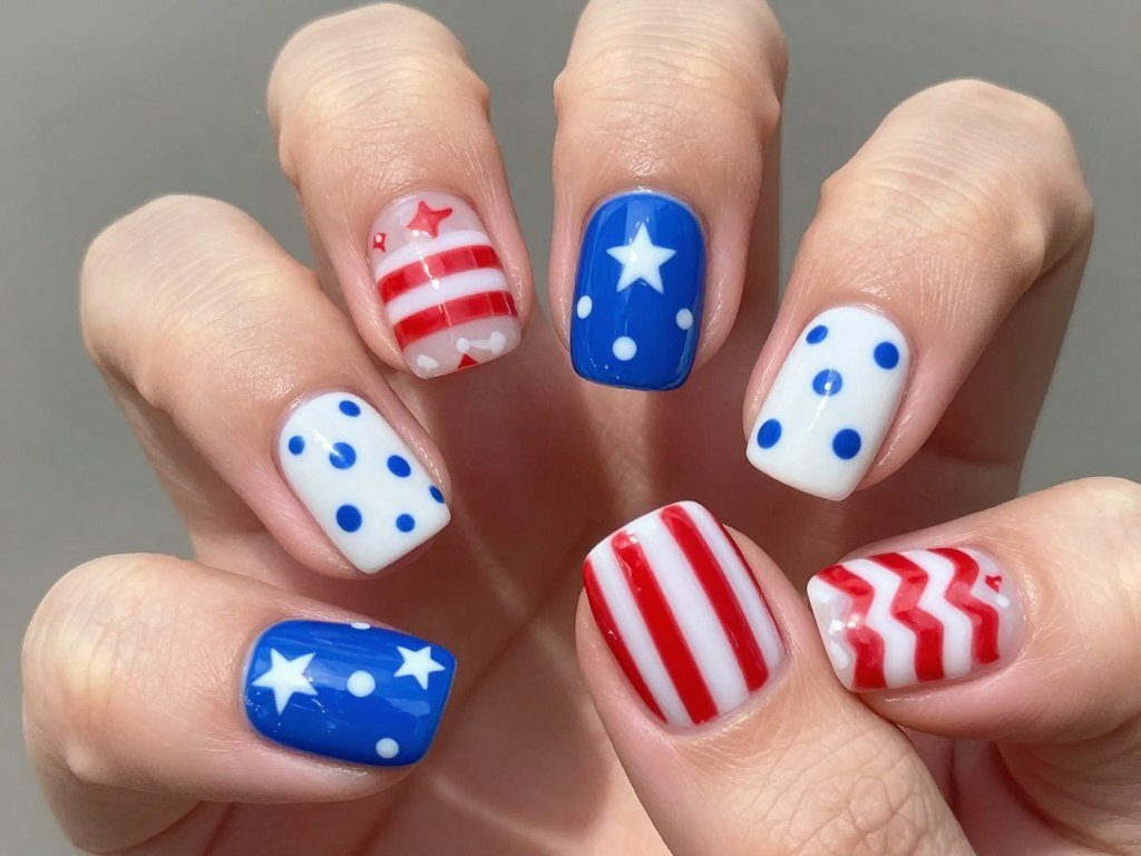 Mixed pattern nail art with stripes dots stars and chevrons in patriotic colors