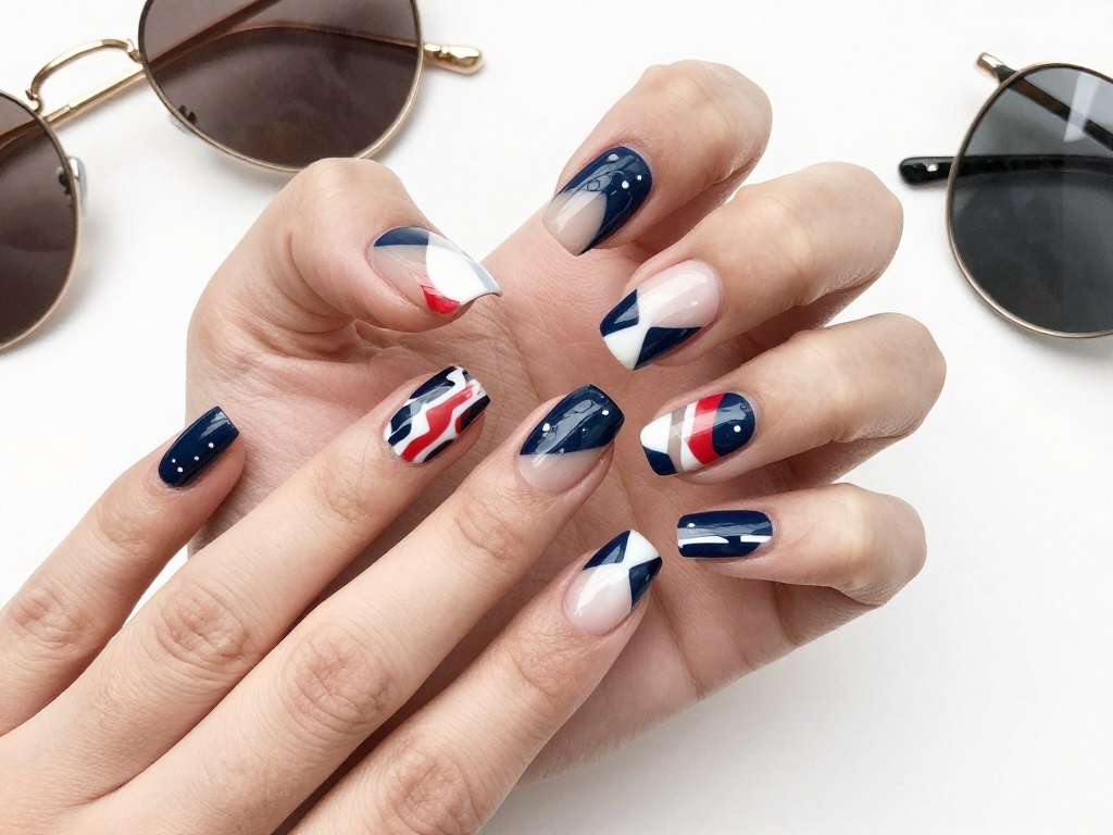 Modern abstract Independence Day nail art with geometric red white and blue color blocks