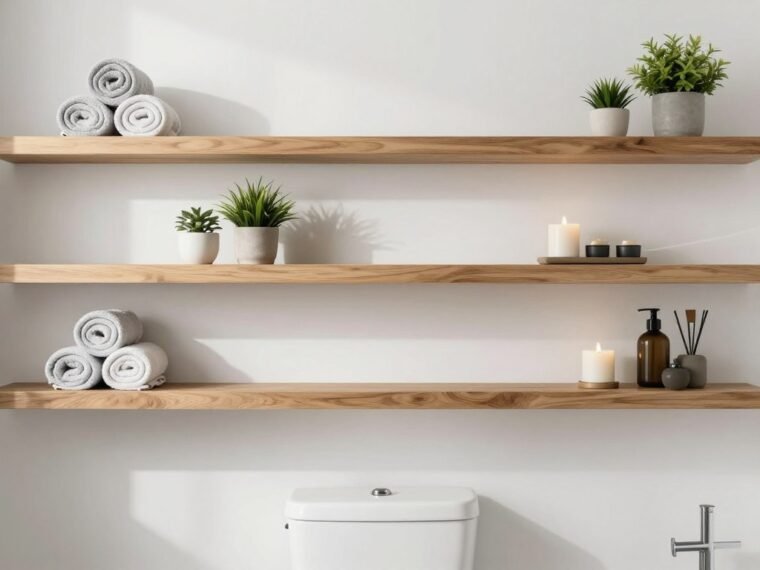 Modern bathroom featuring elegant floating shelves above toilet with decorative items and plants