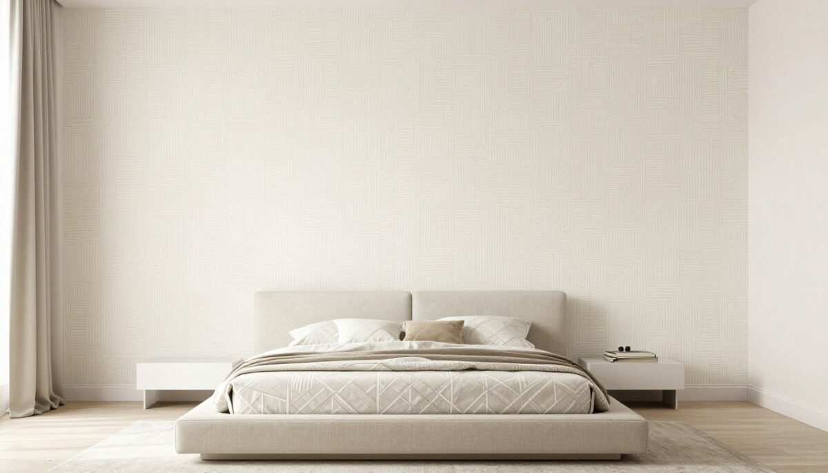 Modern bedroom with cream geometric wallpaper and patterns