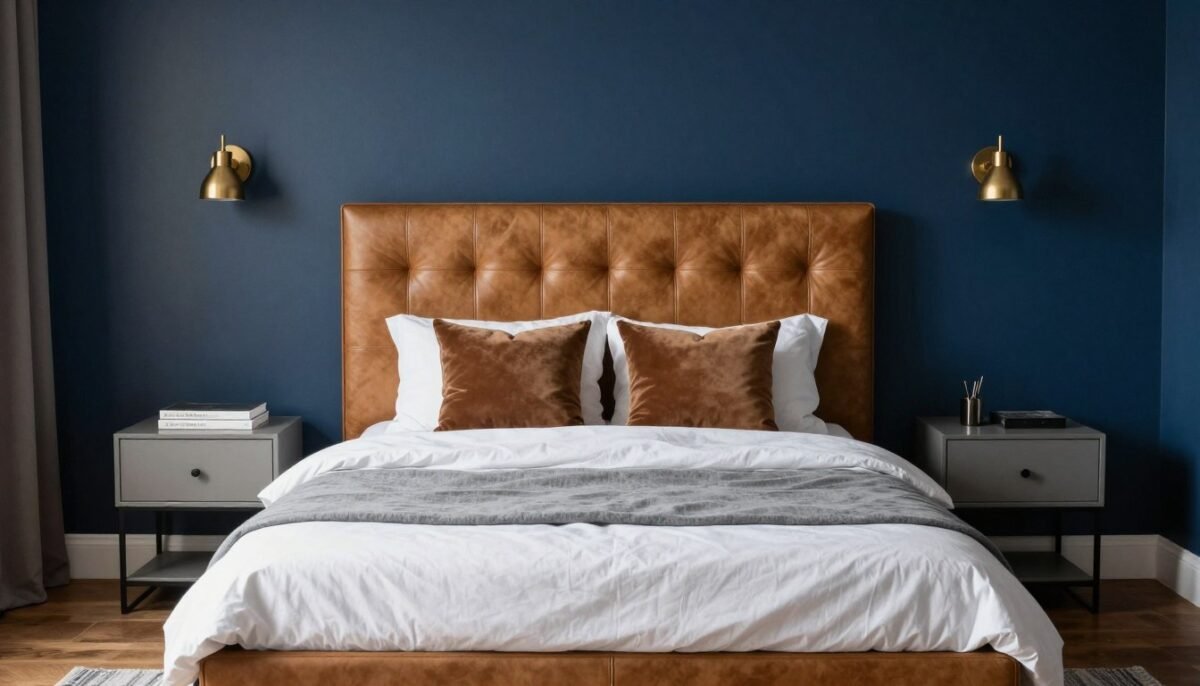 Modern bedroom with navy blue walls and tan leather headboard Modern bedroom with navy blue walls and tan leather headboard
