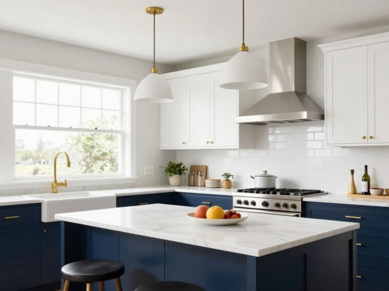 Modern blue and white kitchen with navy cabinets and white countertops
