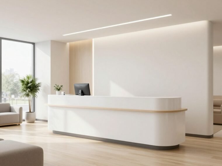 Modern clinic interior design showcasing sleek reception area with natural lighting and contemporary furniture